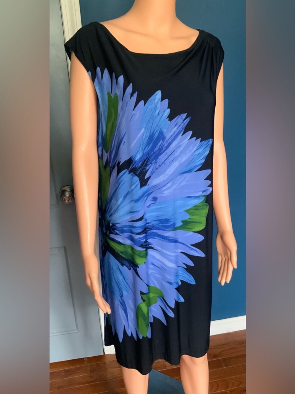 Maggy London Black Dress with Large Blue and Green Floral Print
